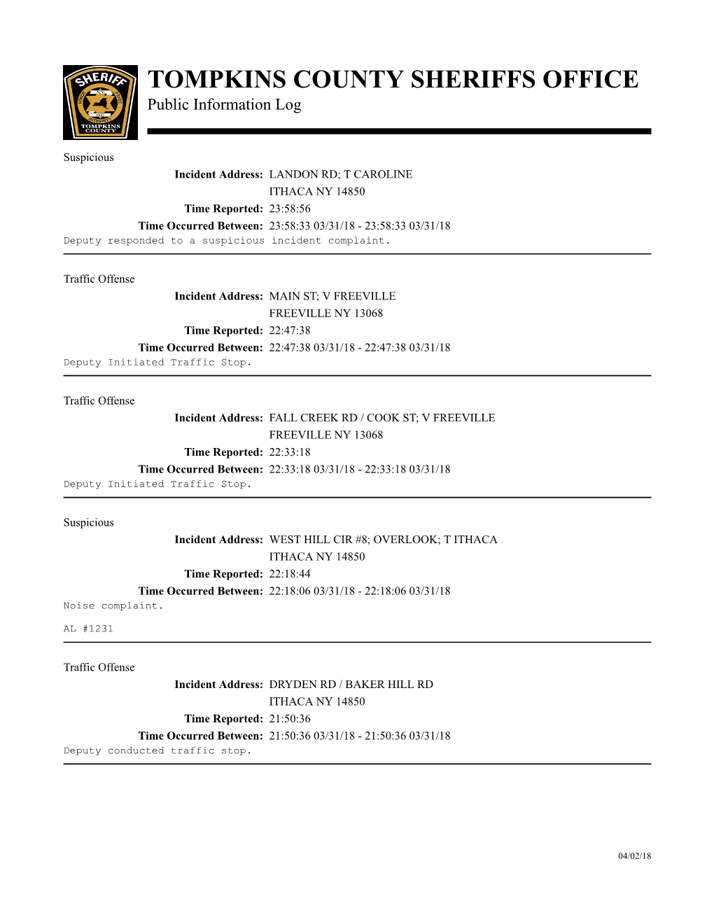 TOMPKINS COUNTY SHERIFFS OFFICE Public Information Log