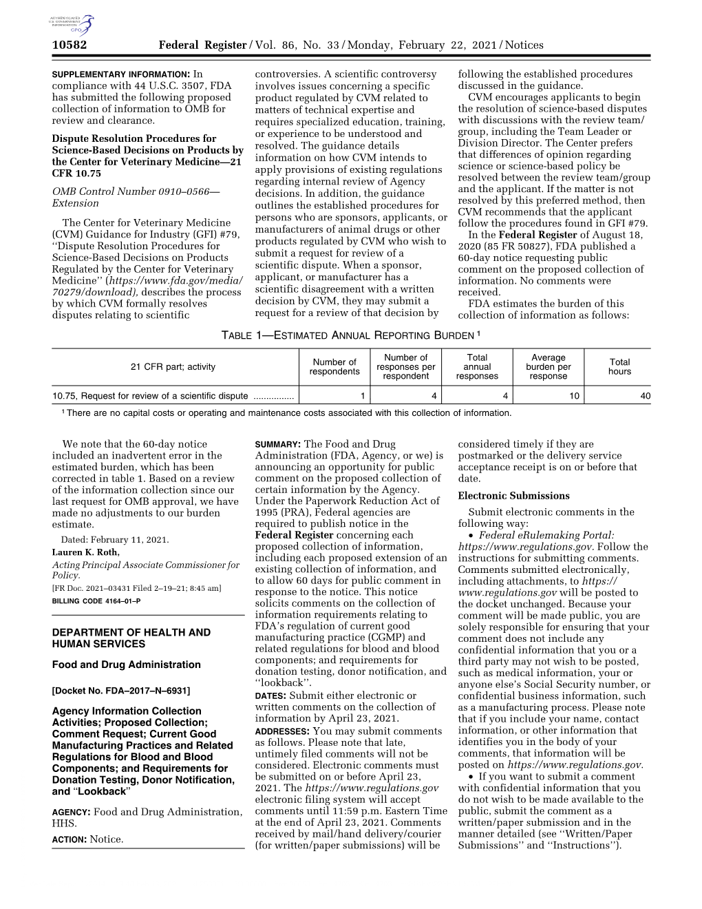 Federal Register/Vol. 86, No. 33/Monday, February 22, 2021