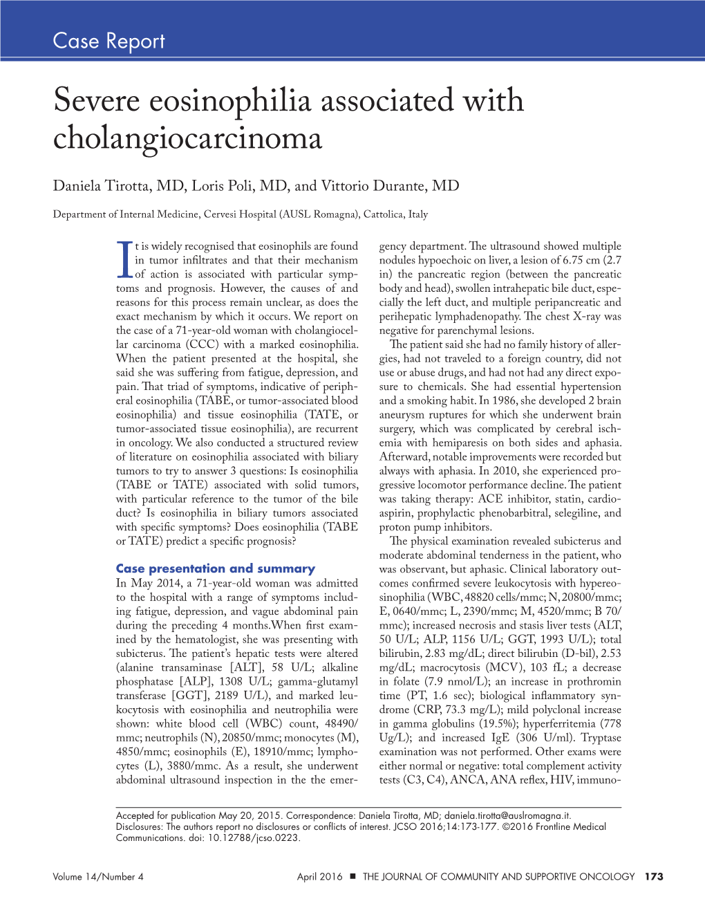 Severe Eosinophilia Associated with Cholangiocarcinoma