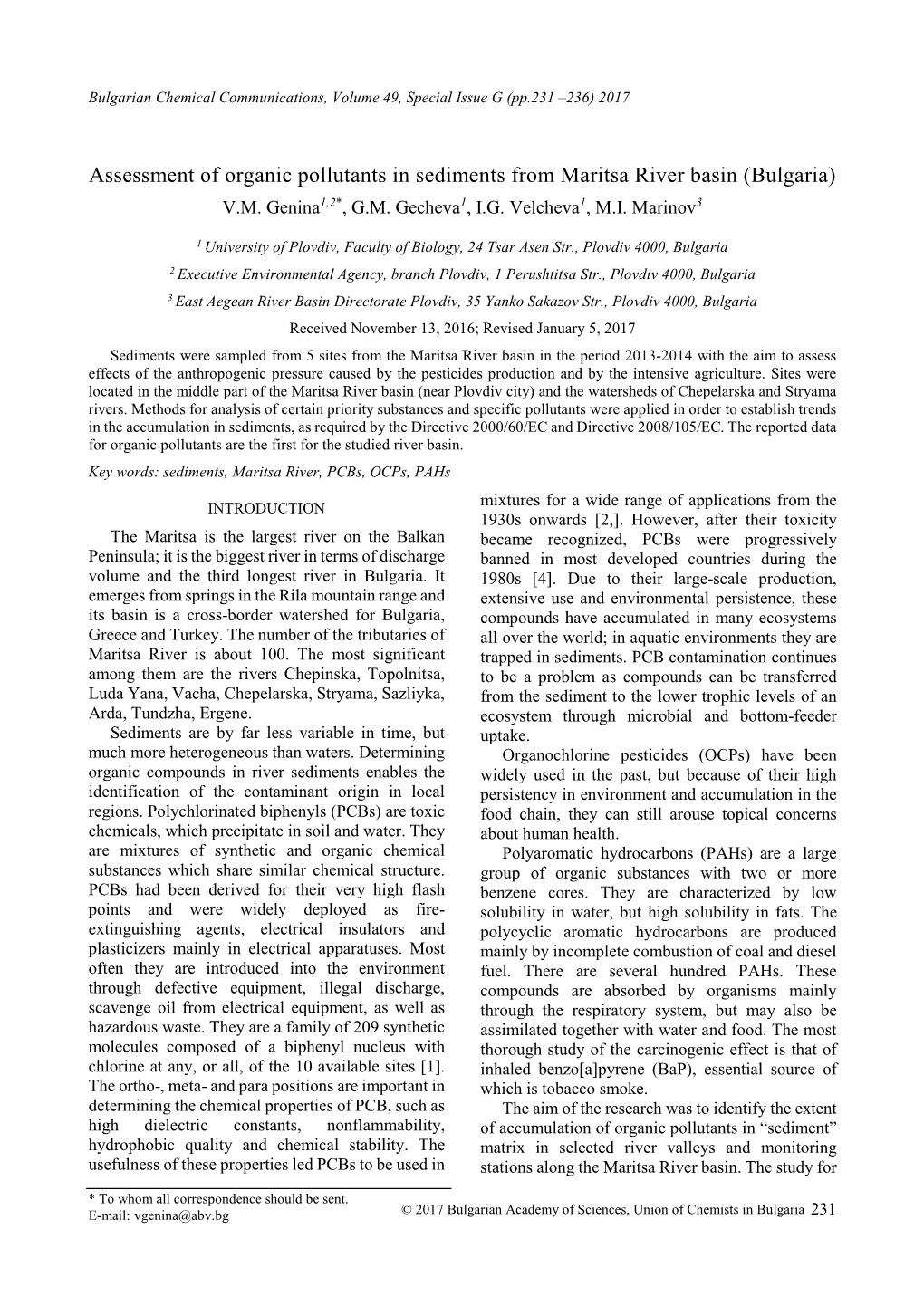 Assessment of Organic Pollutants in Sediments from Maritsa River Basin (Bulgaria) V.M