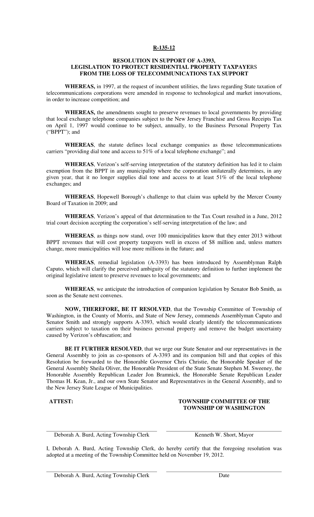 R-135-12 Resolution in Support of A-3393, Legislation To