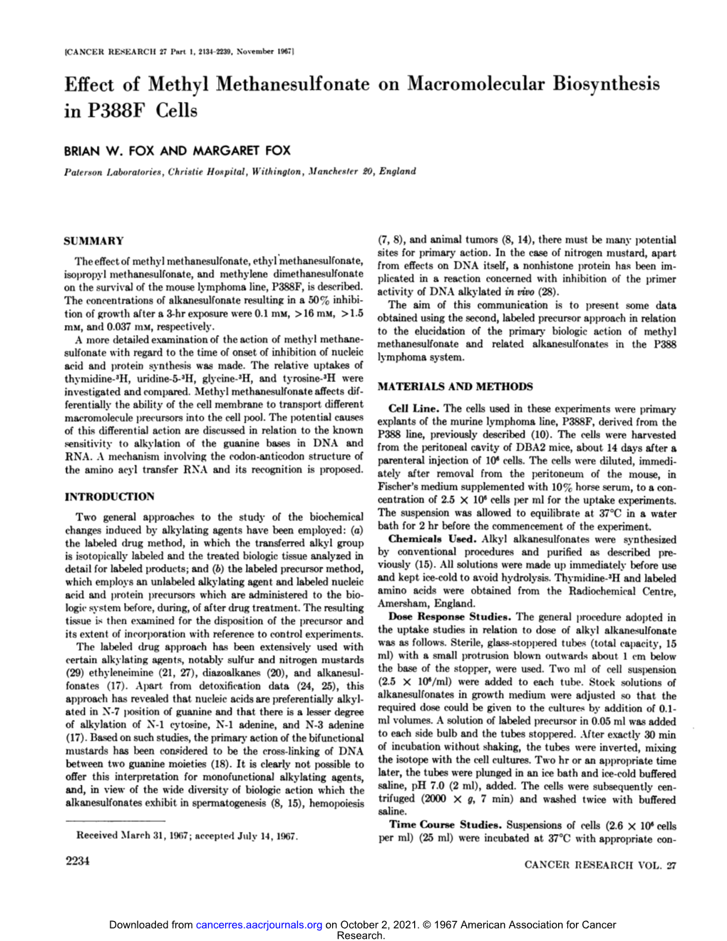 Effect of Methyl Methanesulfonate on Macromolecular Biosynthesis in P388F Cells