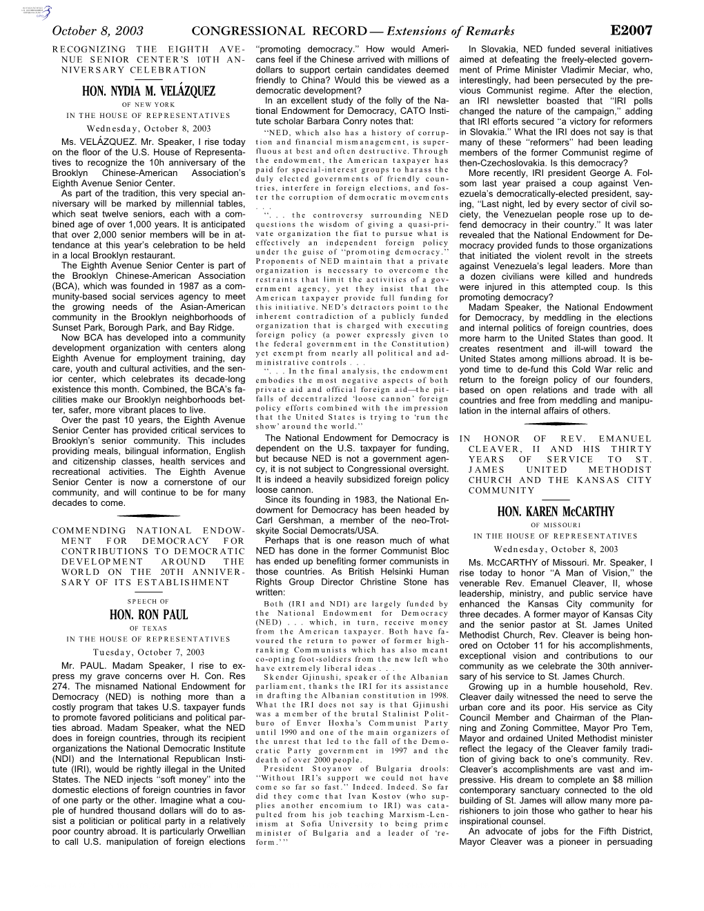 CONGRESSIONAL RECORD— Extensions of Remarks E2007 HON. NYDIA M. VELA´ZQUEZ HON. RON PAUL HON. KAREN Mccarthy