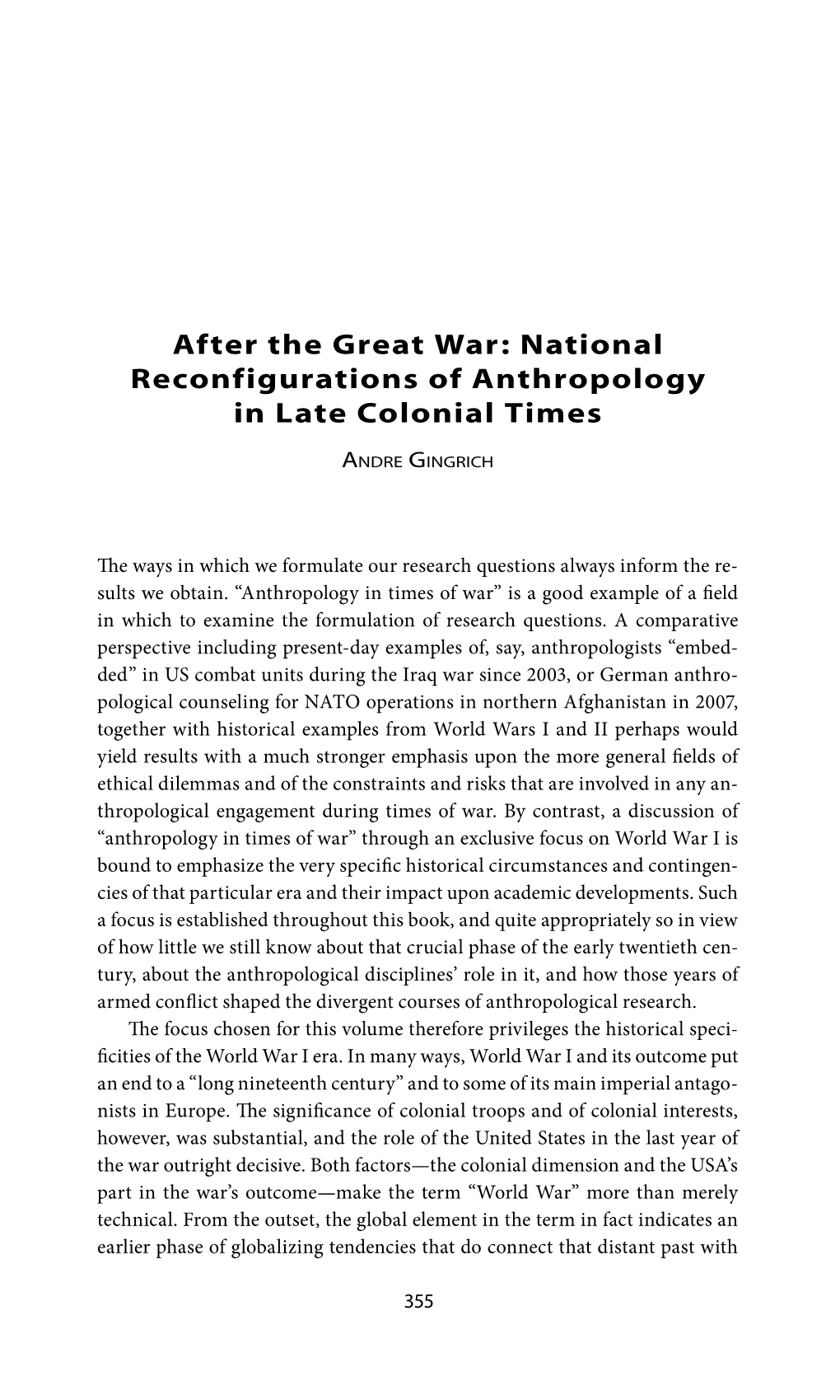 After the Great War: National Reconfigurations of Anthropology in Late Colonial Times