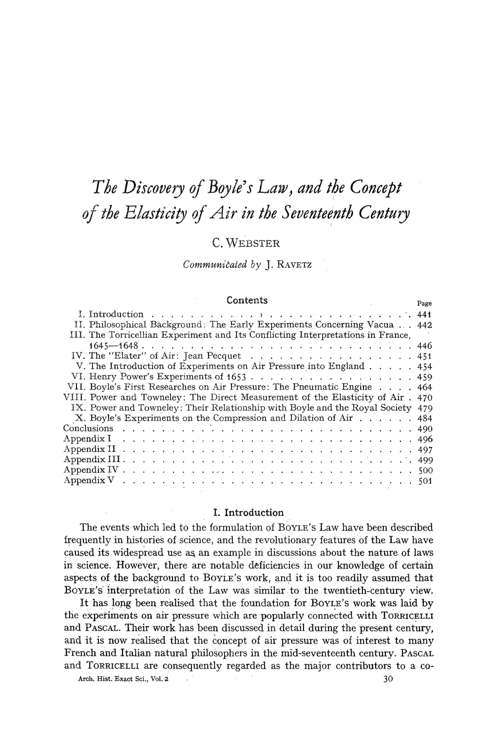 The Discovery of Boyle's Law, and the Concept of the Elasticity of Air in The