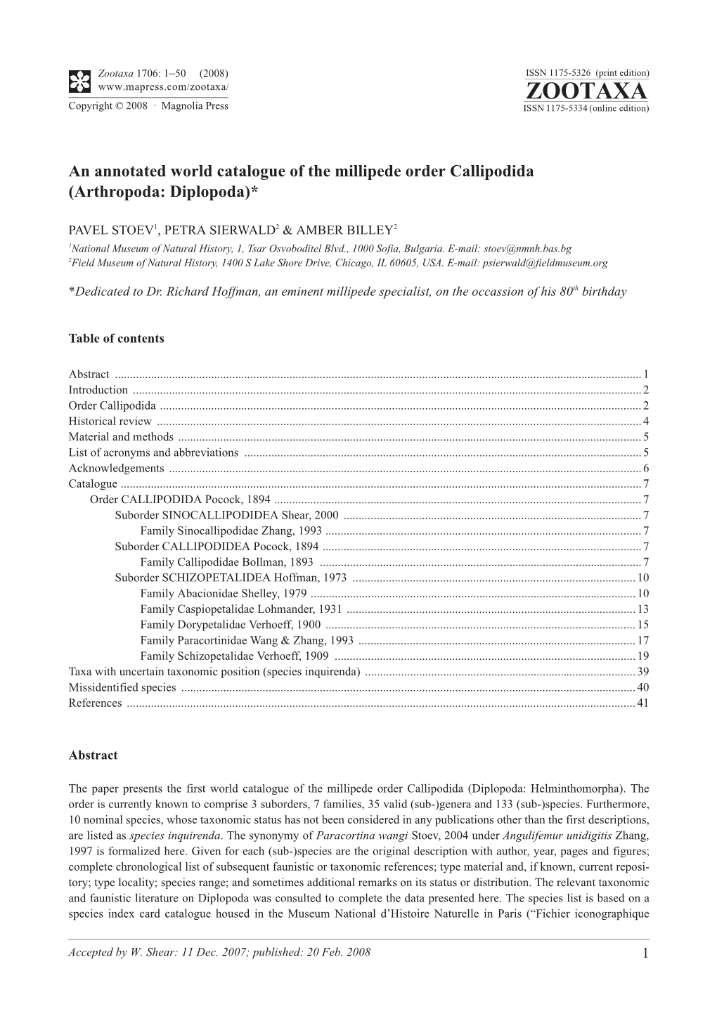 Zootaxa, an Annotated World Catalogue of the Millipede