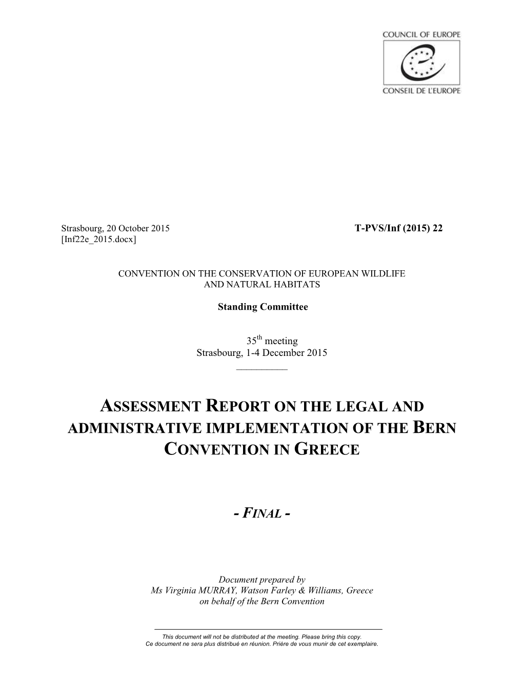 Assessment Report on the Legal and Administrative Implementation of the Bern Convention in Greece