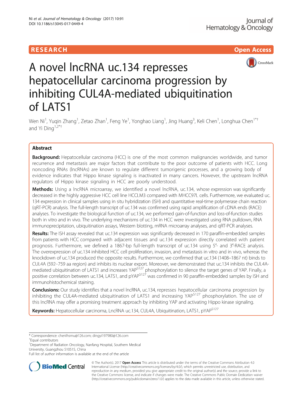 A Novel Lncrna Uc.134 Represses Hepatocellular Carcinoma