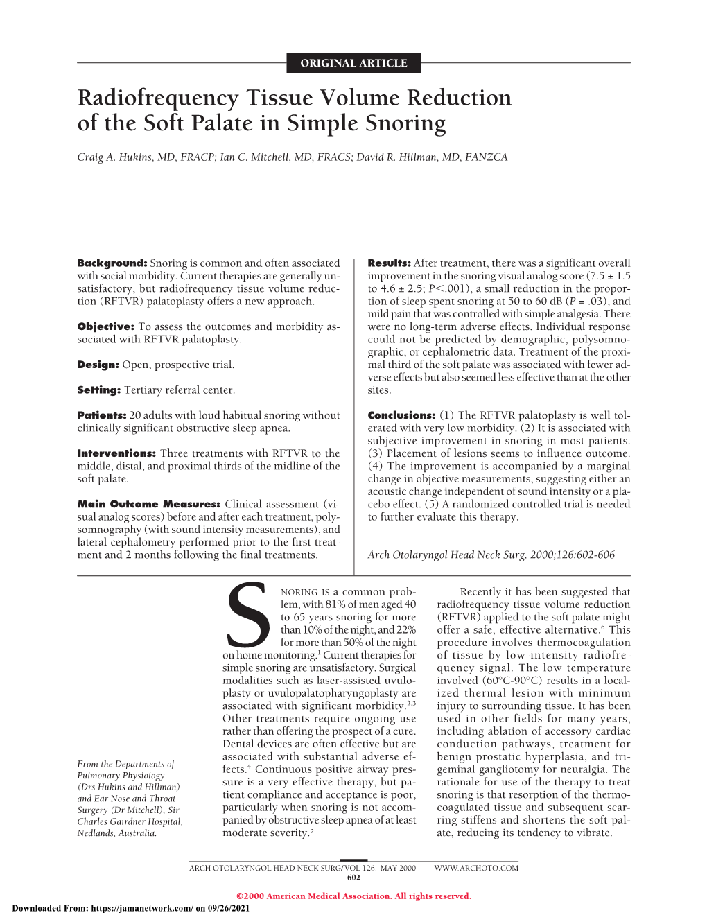 Radiofrequency Tissue Volume Reduction of the Soft Palate in Simple Snoring