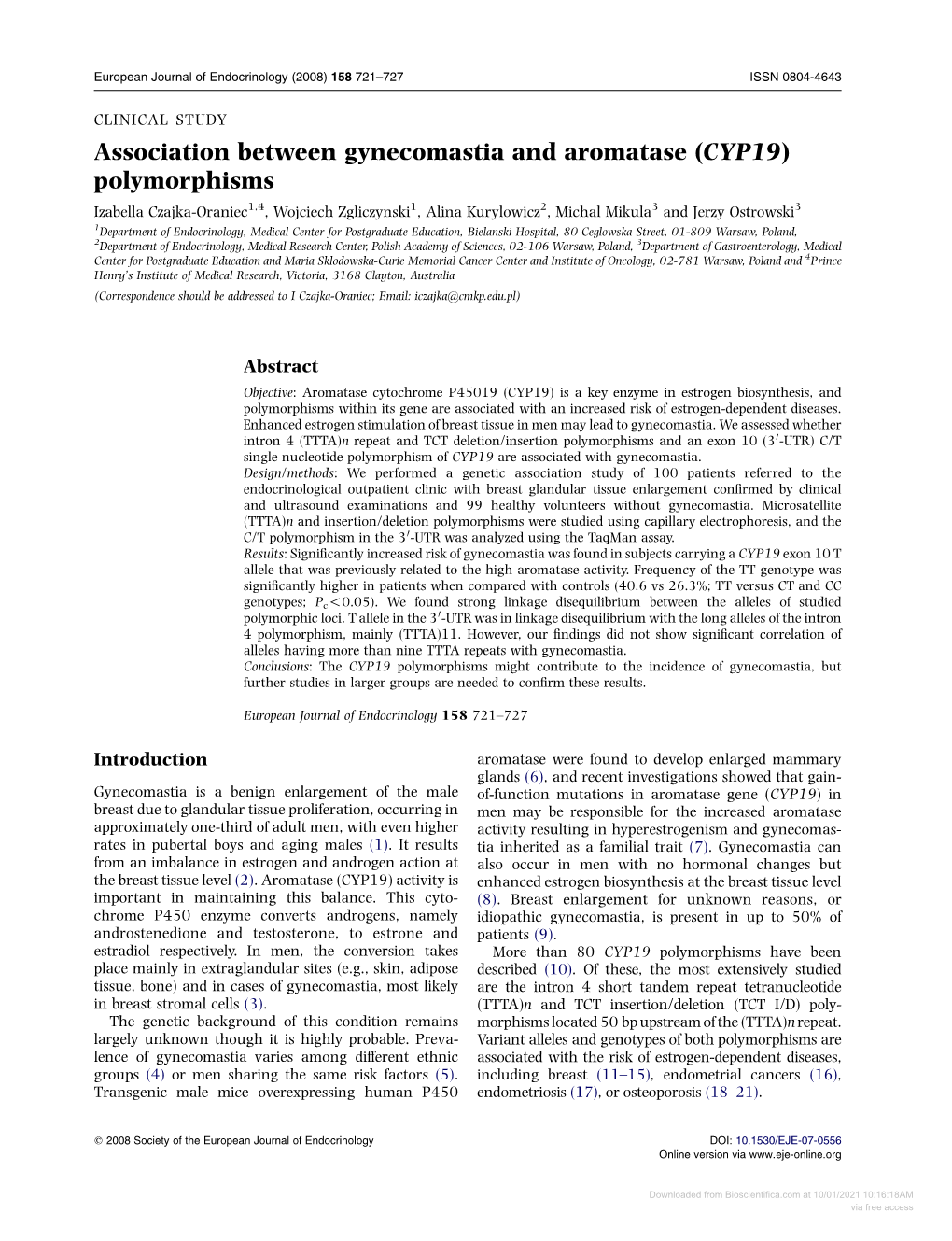 Association Between Gynecomastia and Aromatase (CYP19