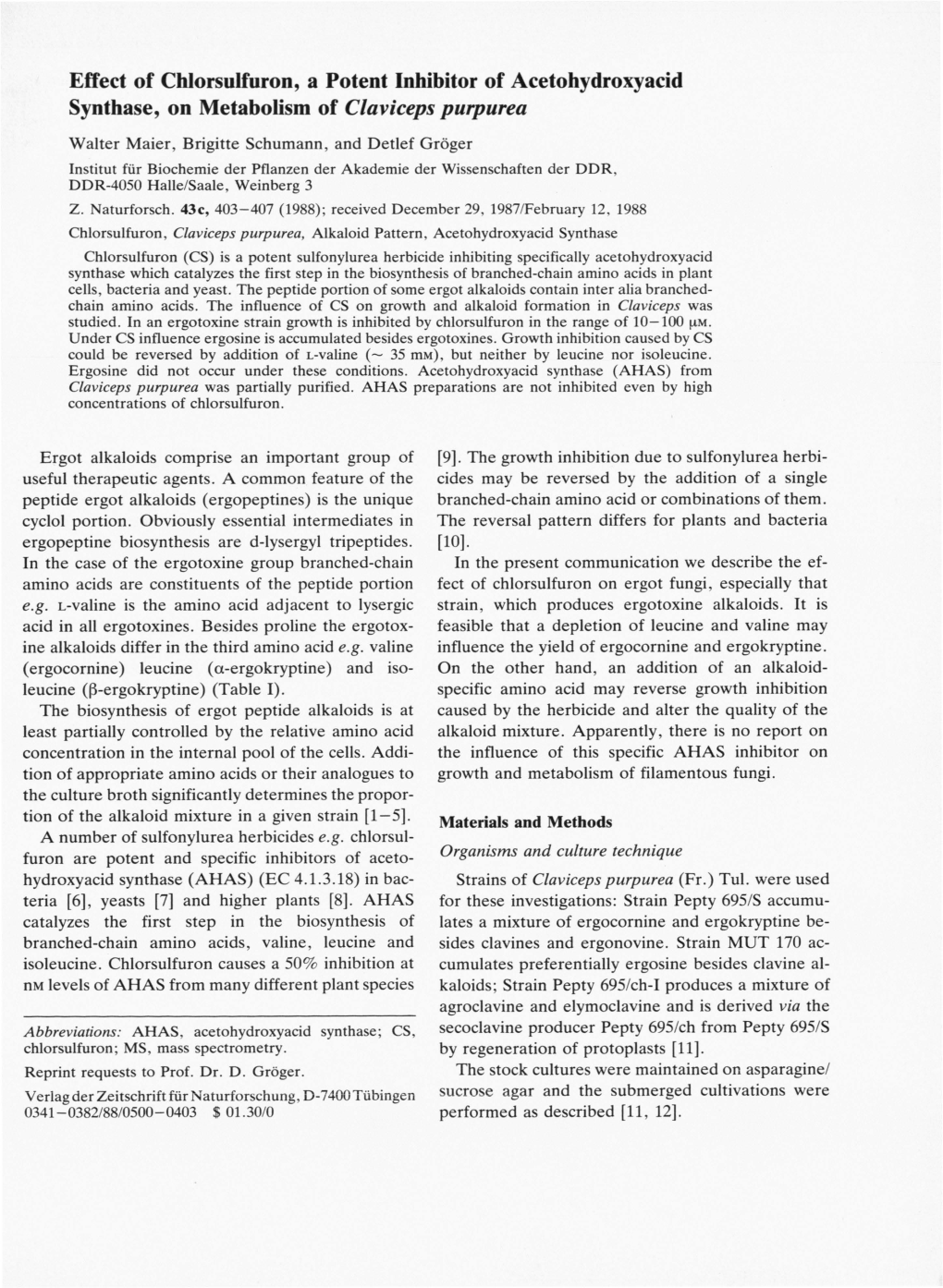 Effect of Chlorsulfuron, a Potent Inhibitor of Acetohydroxyacid Synthase, on Metabolism of Claviceps Purpurea