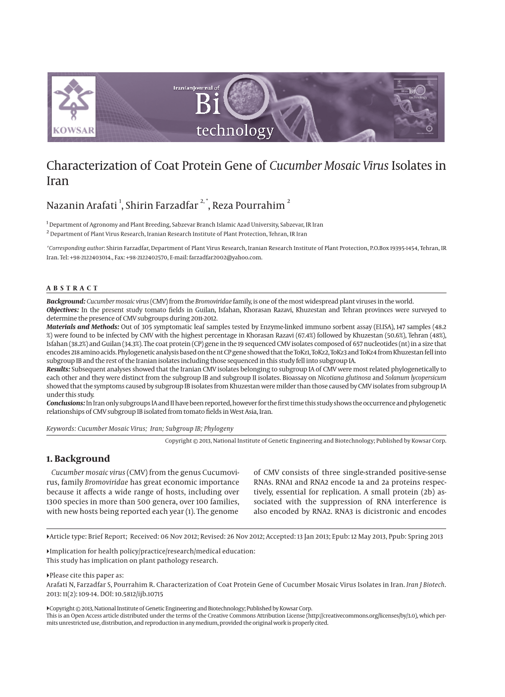 Cucumber Mosaic Virus Isolates in Iran