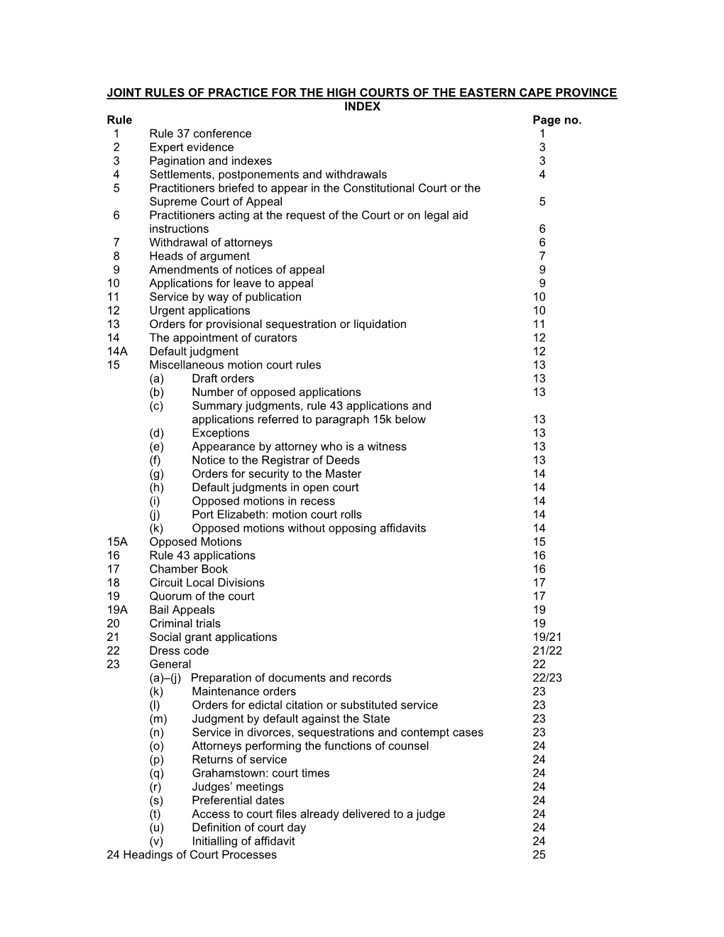 JOINT RULES of PRACTICE for the HIGH COURTS of the EASTERN CAPE PROVINCE INDEX Rule Page No