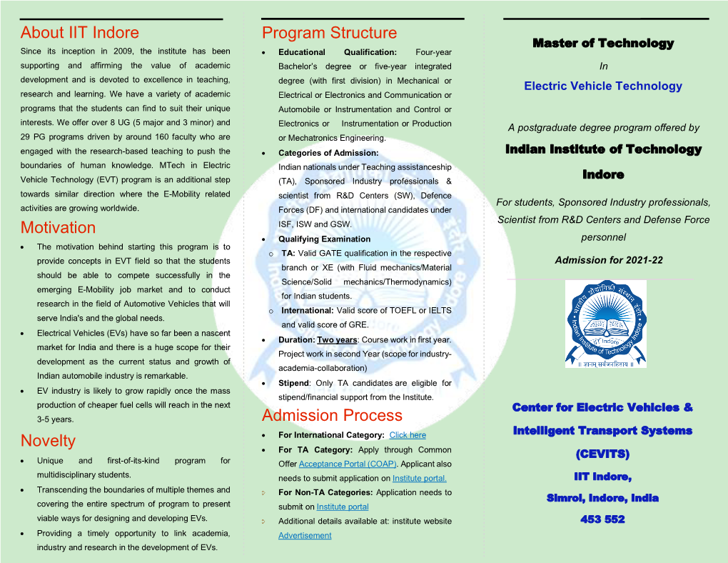 Mtech Program in Electric Vehicle Technology