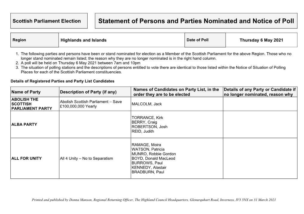 Statement of Persons and Parties Nominated and Notice of Poll