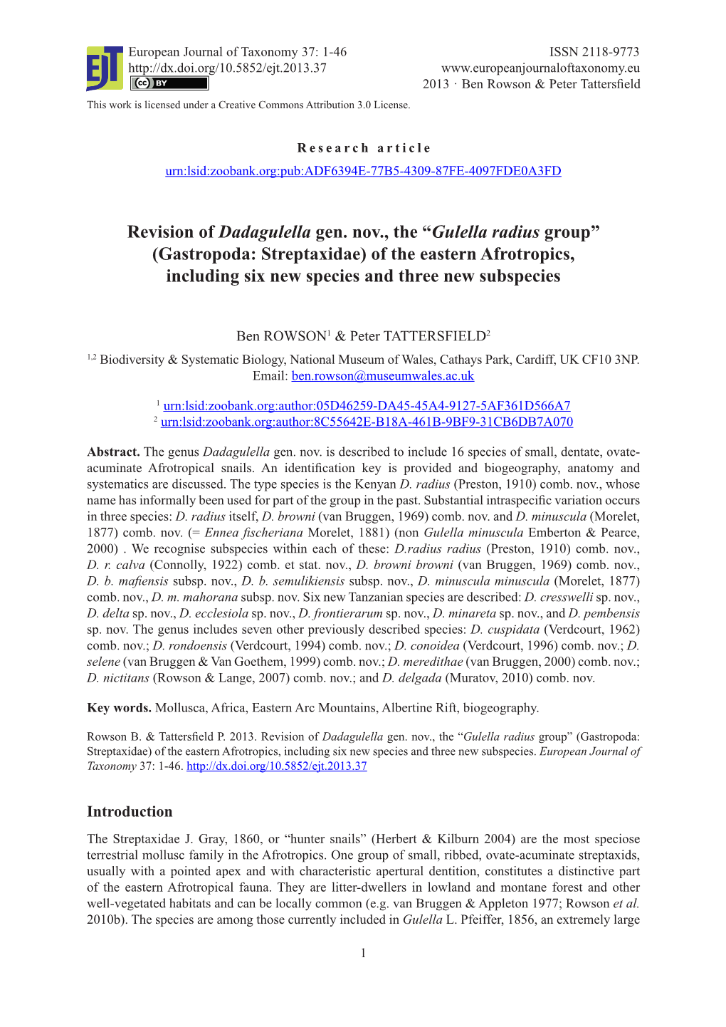 Revision of Dadagulella Gen. Nov., the “Gulella Radius Group” (Gastropoda: Streptaxidae) of the Eastern Afrotropics, Includi