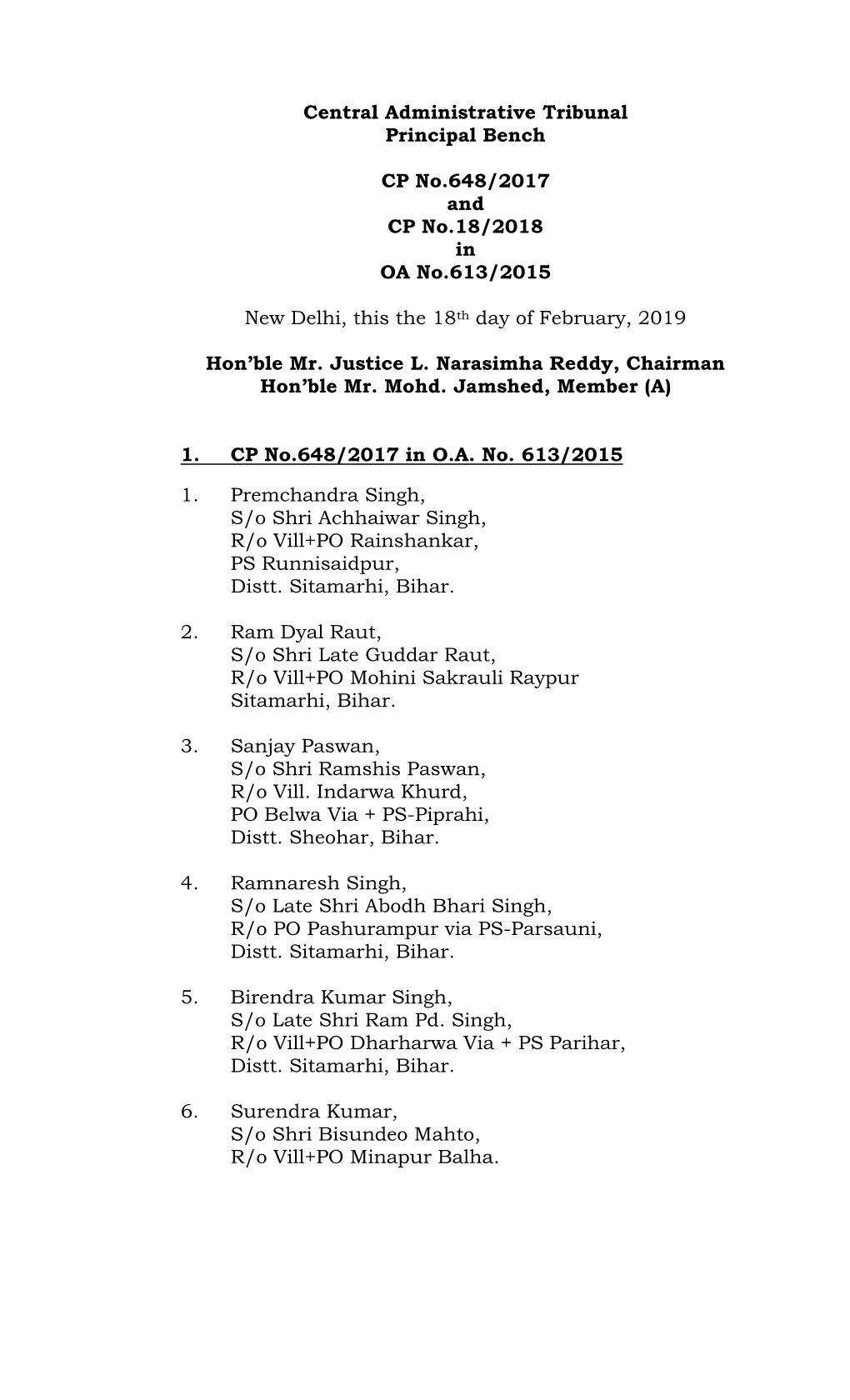 Central Administrative Tribunal Principal Bench CP No.648/2017