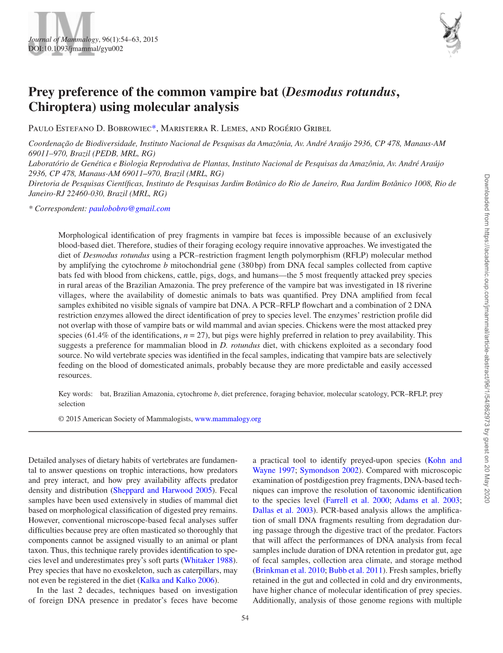 Desmodus Rotundus, Chiroptera) Using Molecular Analysis