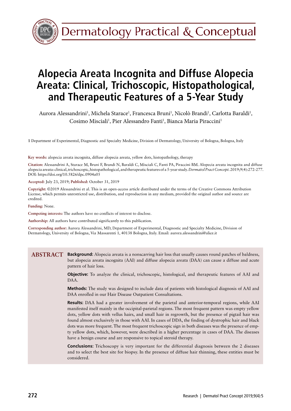 Alopecia Areata Incognita and Diffuse Alopecia Areata: Clinical, Trichoscopic, Histopathological, and Therapeutic Features of a 5-Year Study