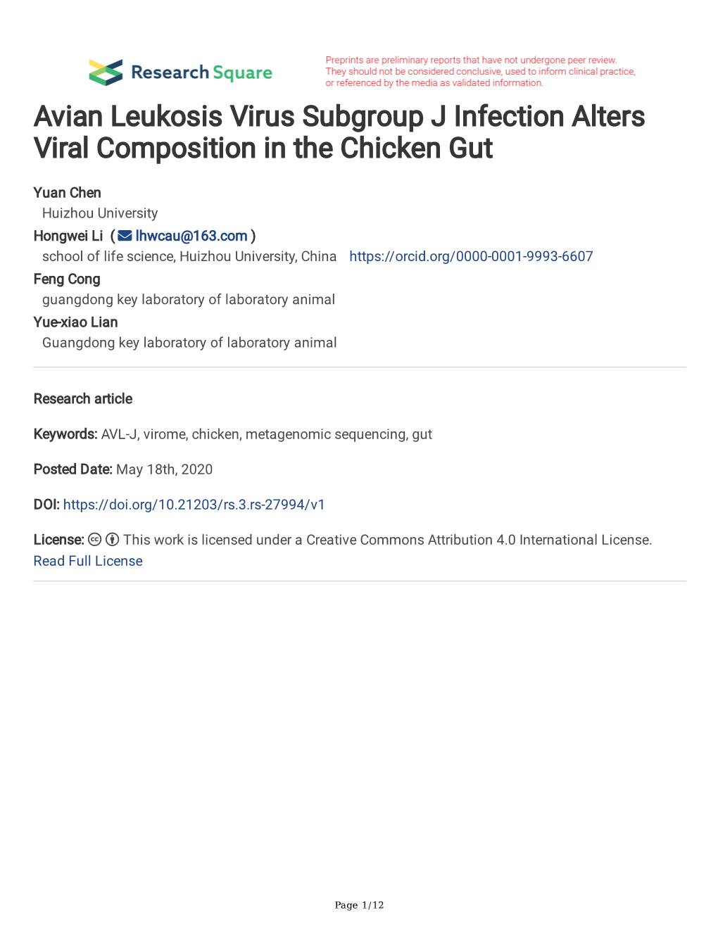 Avian Leukosis Virus Subgroup J Infection Alters Viral Composition in the Chicken Gut