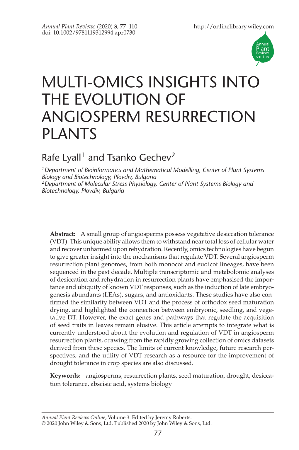 Multi-Omics Insights Into the Evolution of Angiosperm Resurrection Plants