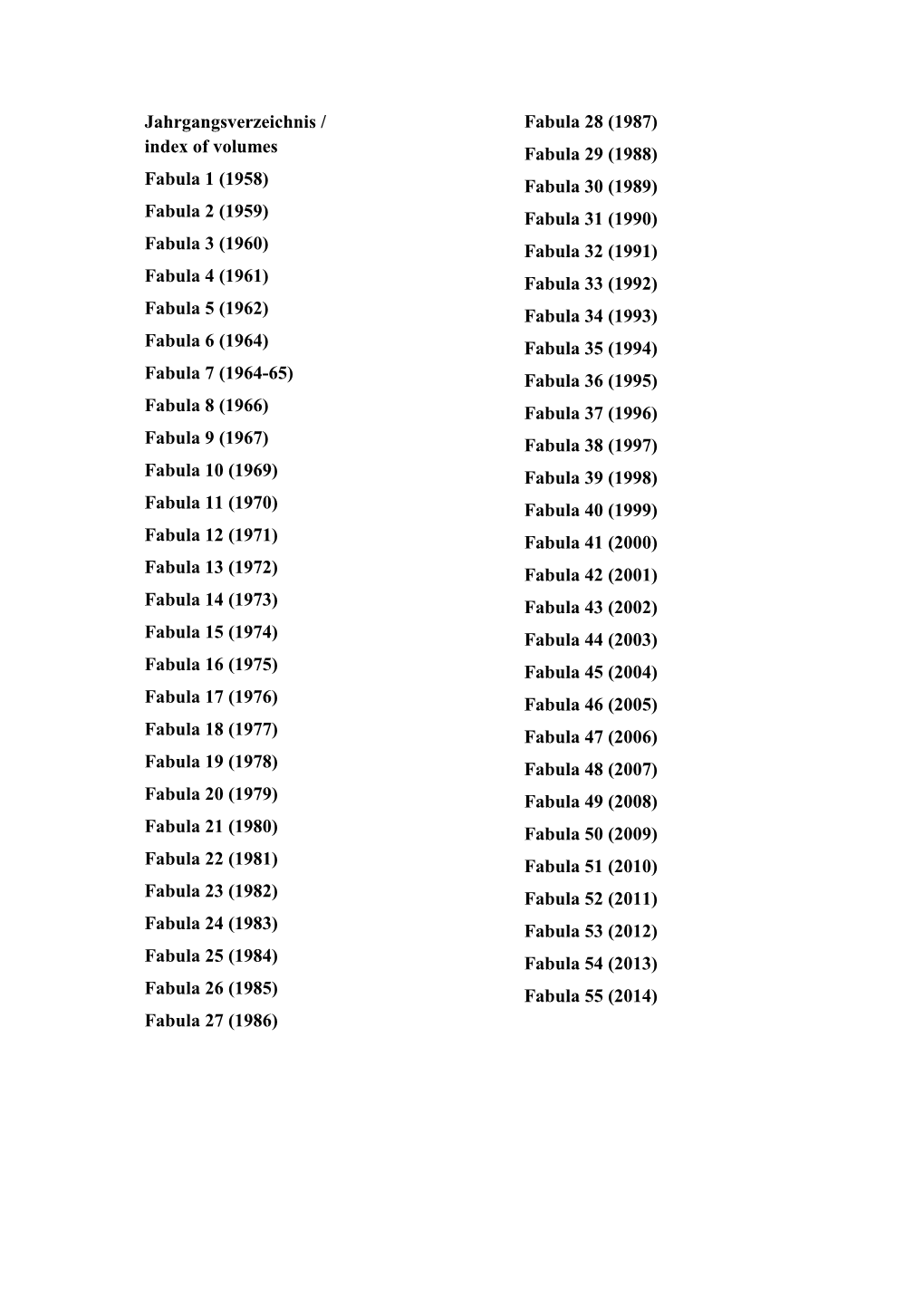 Jahrgangsverzeichnis / Index of Volumes Fabula 1