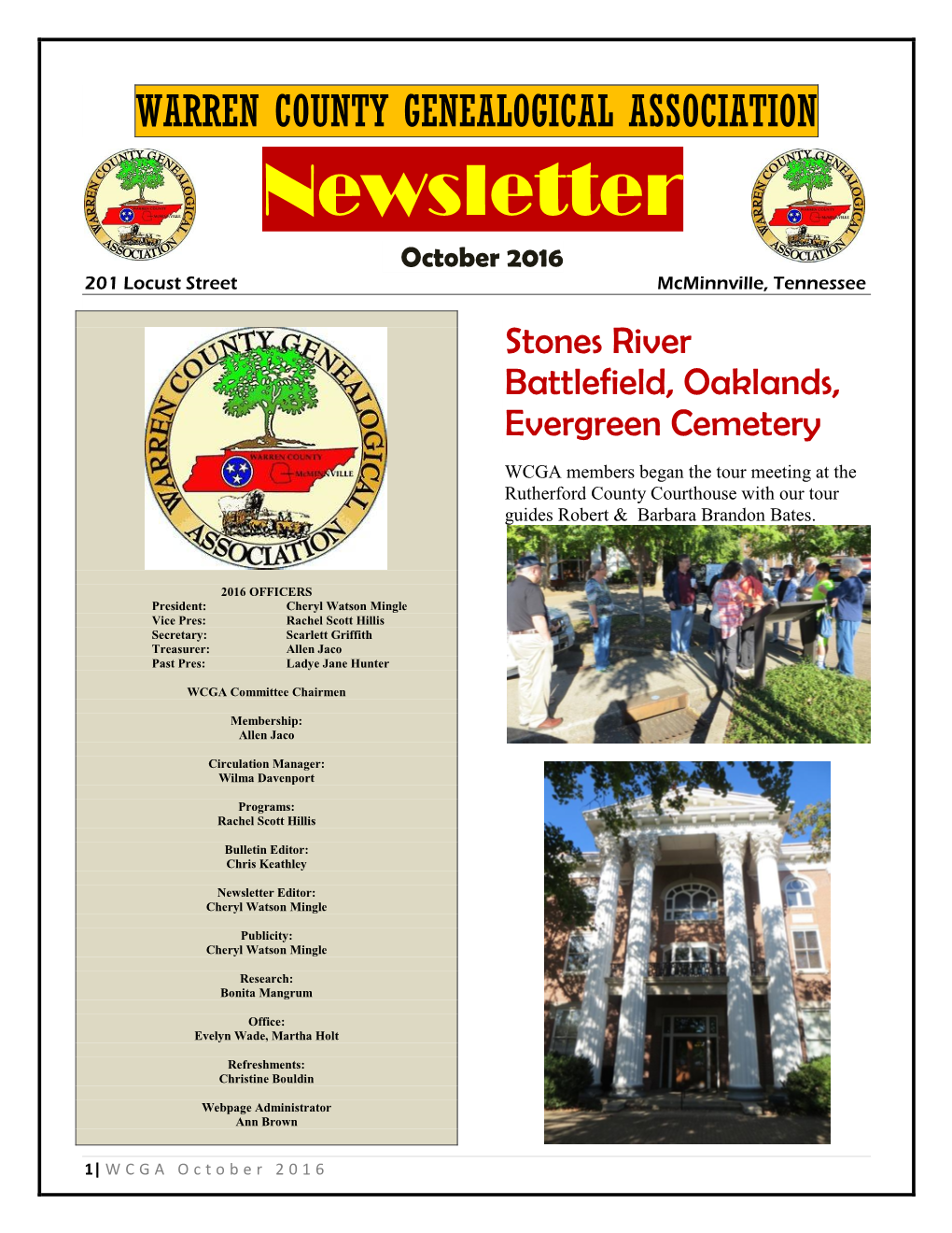 Newsletter October 2016 201 Locust Street Mcminnville, Tennessee