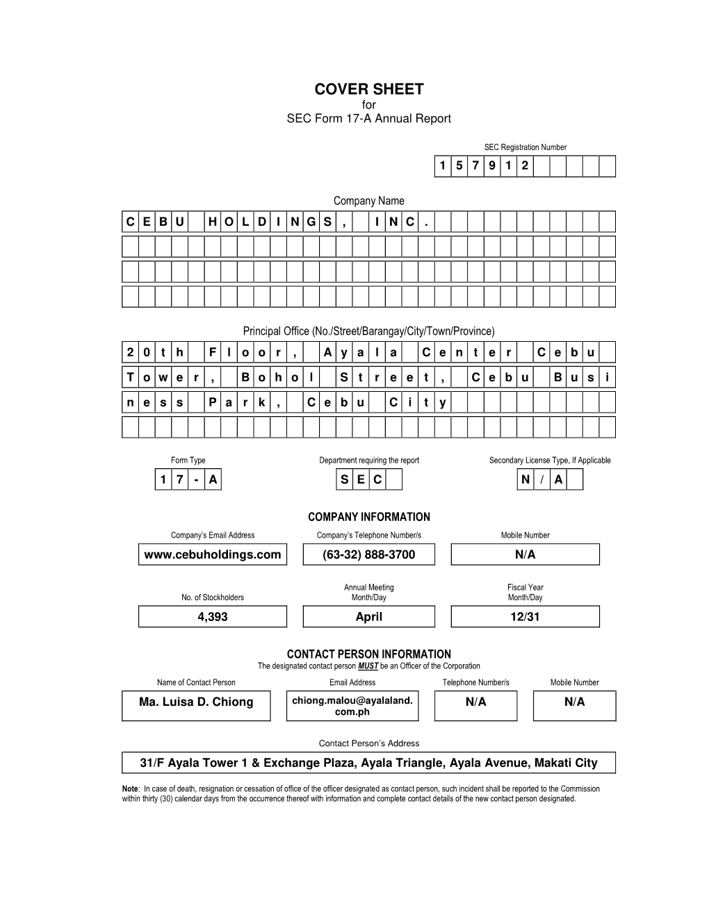 COVER SHEET for SEC Form 17-A Annual Report