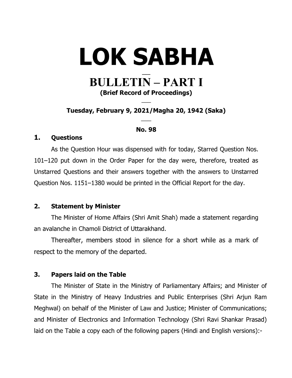 LOK SABHA ___ BULLETIN – PART I (Brief Record of Proceedings) ___ Tuesday, February 9, 2021/Magha 20, 1942 (Saka) ___