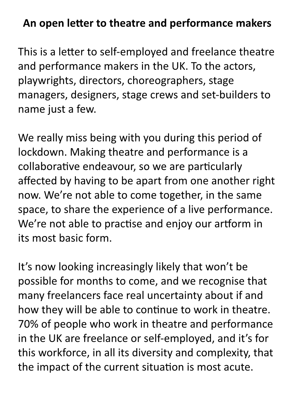 An Open Letter to Theatre and Performance Makers 24 Point Font