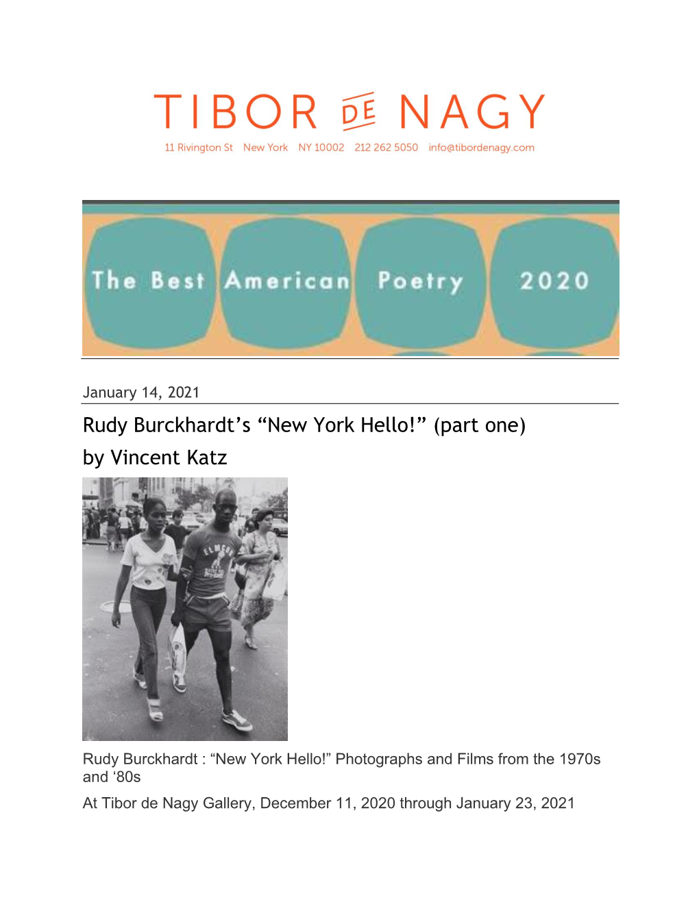 Rudy Burckhardt's “New York Hello!” (Part One) by Vincent Katz