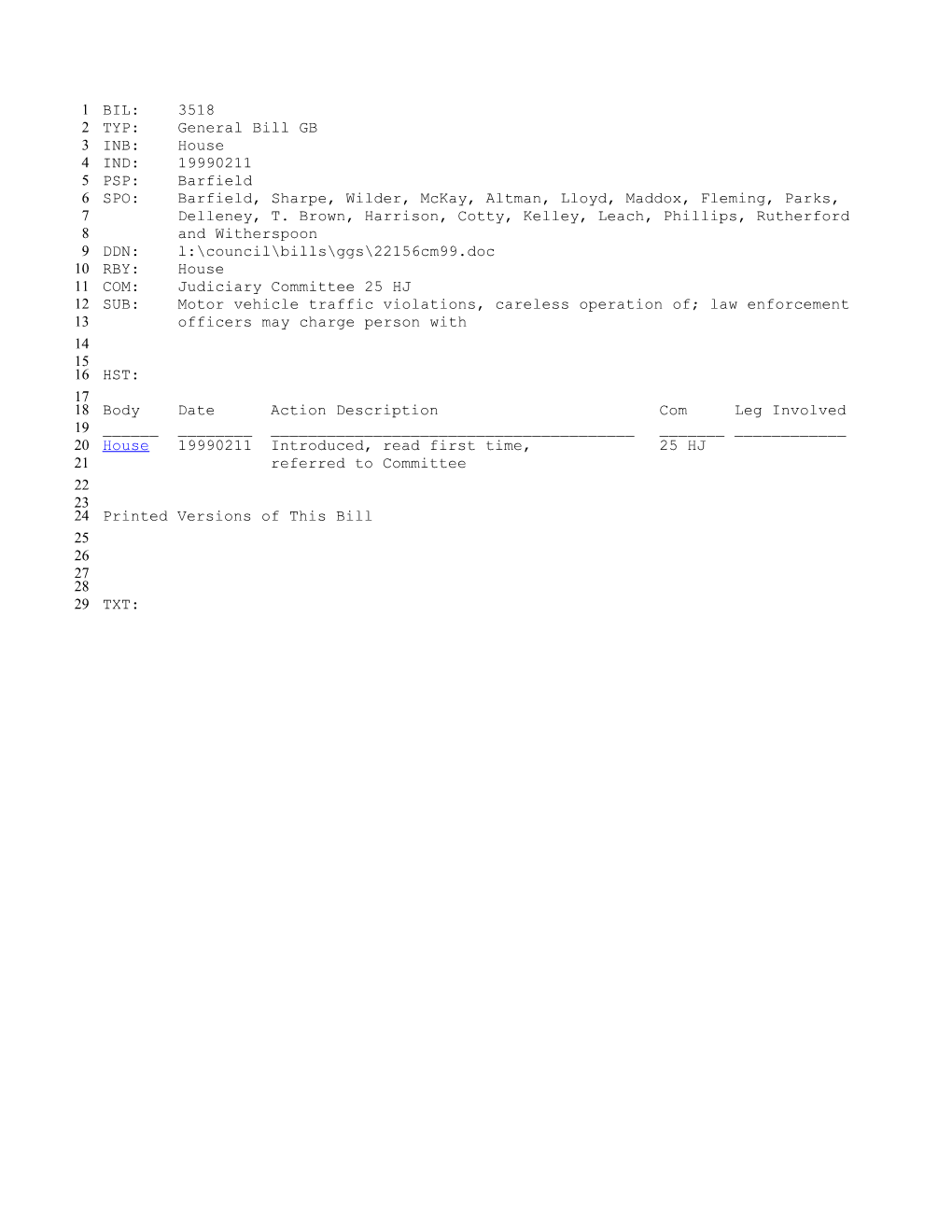 1999-2000 Bill 3518: Motor Vehicle Traffic Violations, Careless Operation Of; Law Enforcement