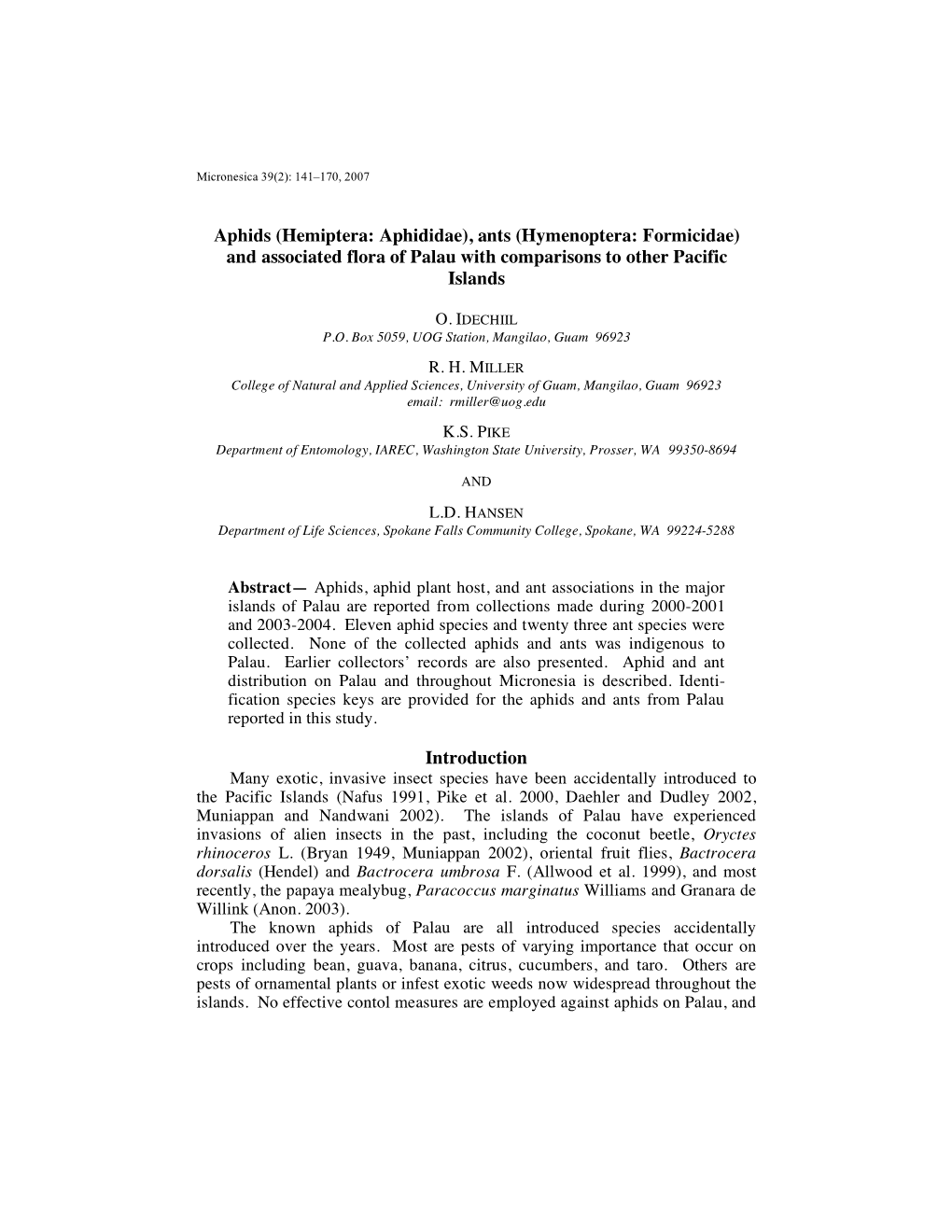 Ants (Hymenoptera: Formicidae) and Associated Flora of Palau with Comparisons to Other Pacific Islands