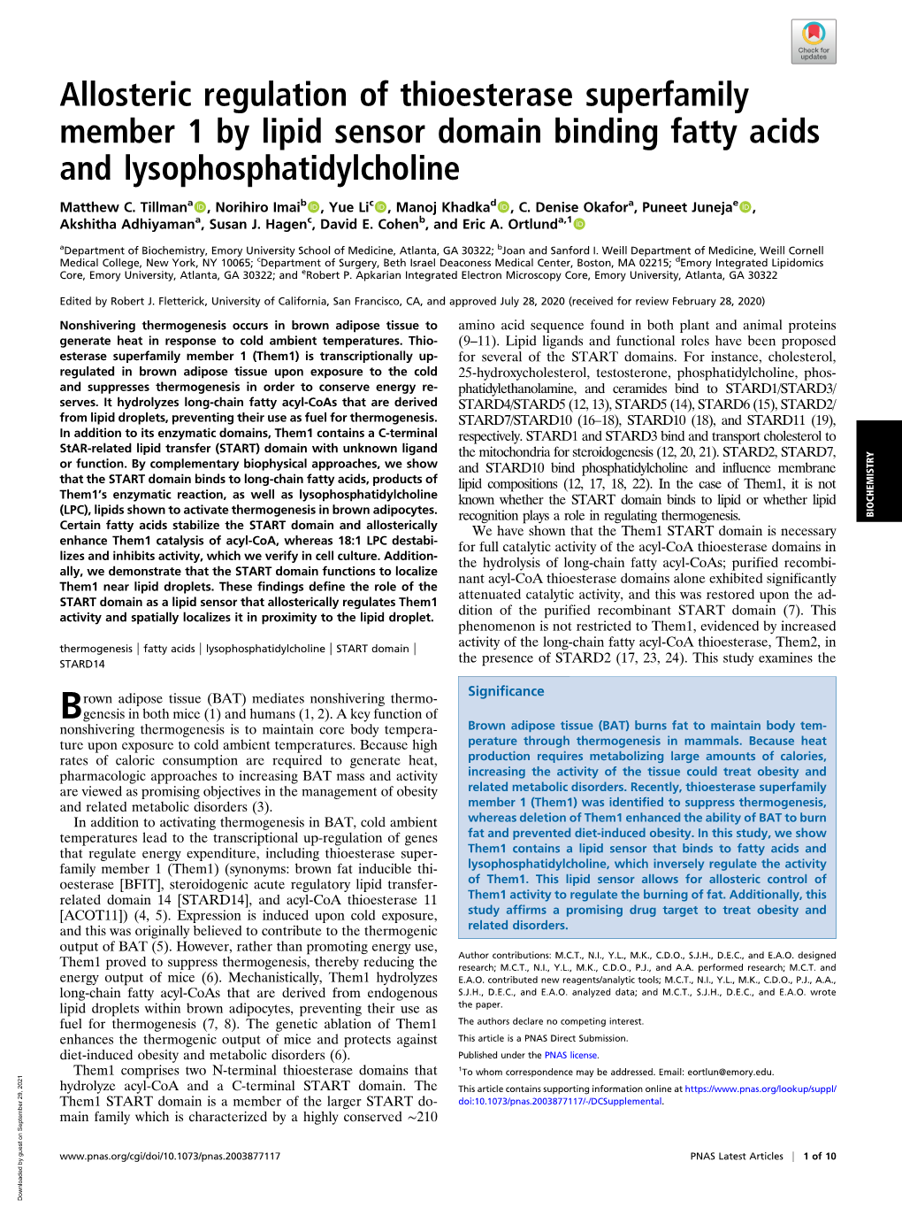 Allosteric Regulation of Thioesterase Superfamily Member 1 by Lipid Sensor Domain Binding Fatty Acids and Lysophosphatidylcholine