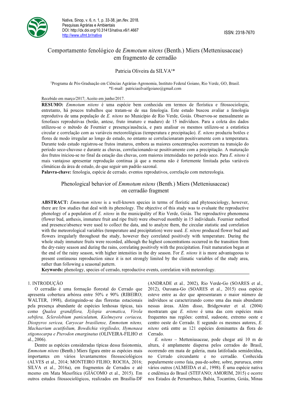 Comportamento Fenológico De Emmotum Nitens (Benth.) Miers (Metteniusaceae) Em Fragmento De Cerradão