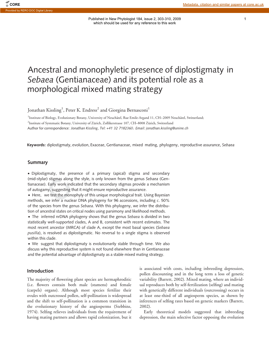 Ancestral and Monophyletic Presence of Diplostigmaty in Sebaea (Gentianaceae) and Its Potential Role As a Morphological Mixed Mating Strategy