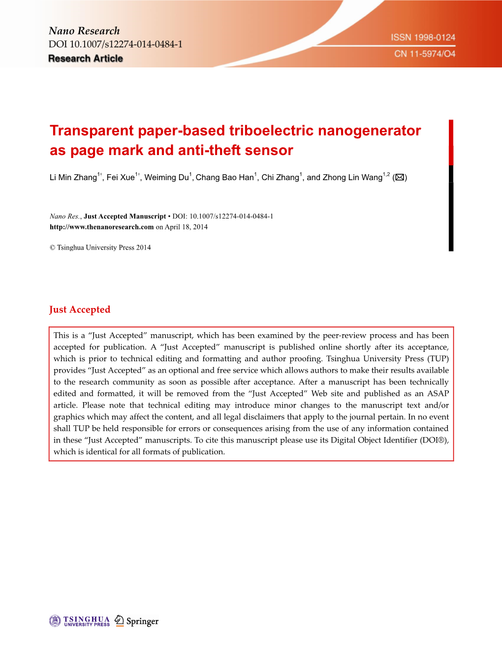 Transparent Paper-Based Triboelectric Nanogenerator As Page Mark and Anti-Theft Sensor