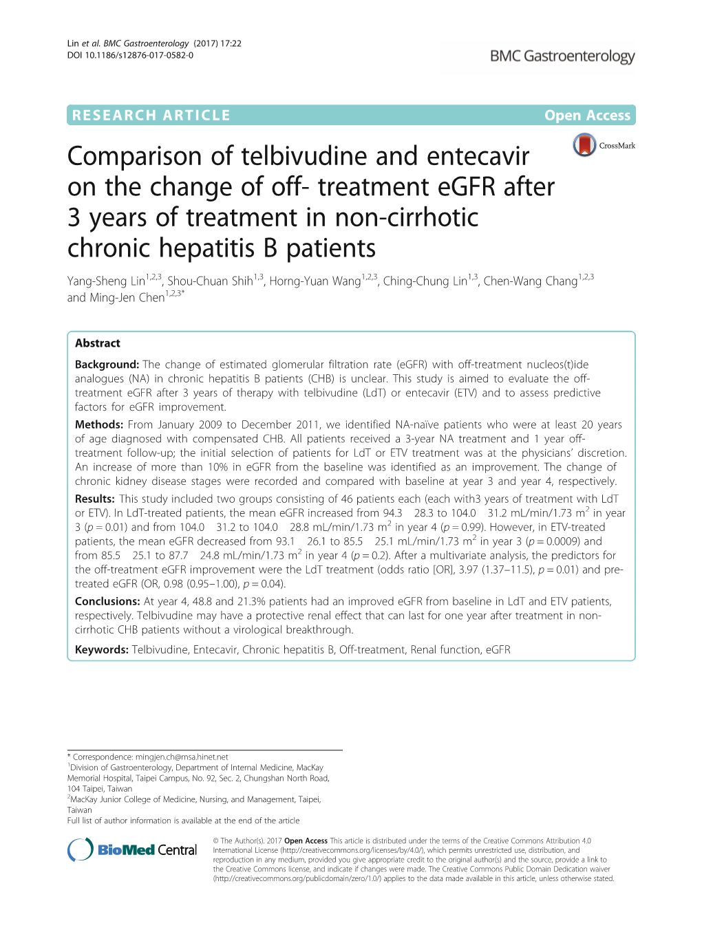 Treatment Egfr After 3 Years of Treatment in Non-Cirrhotic Chronic