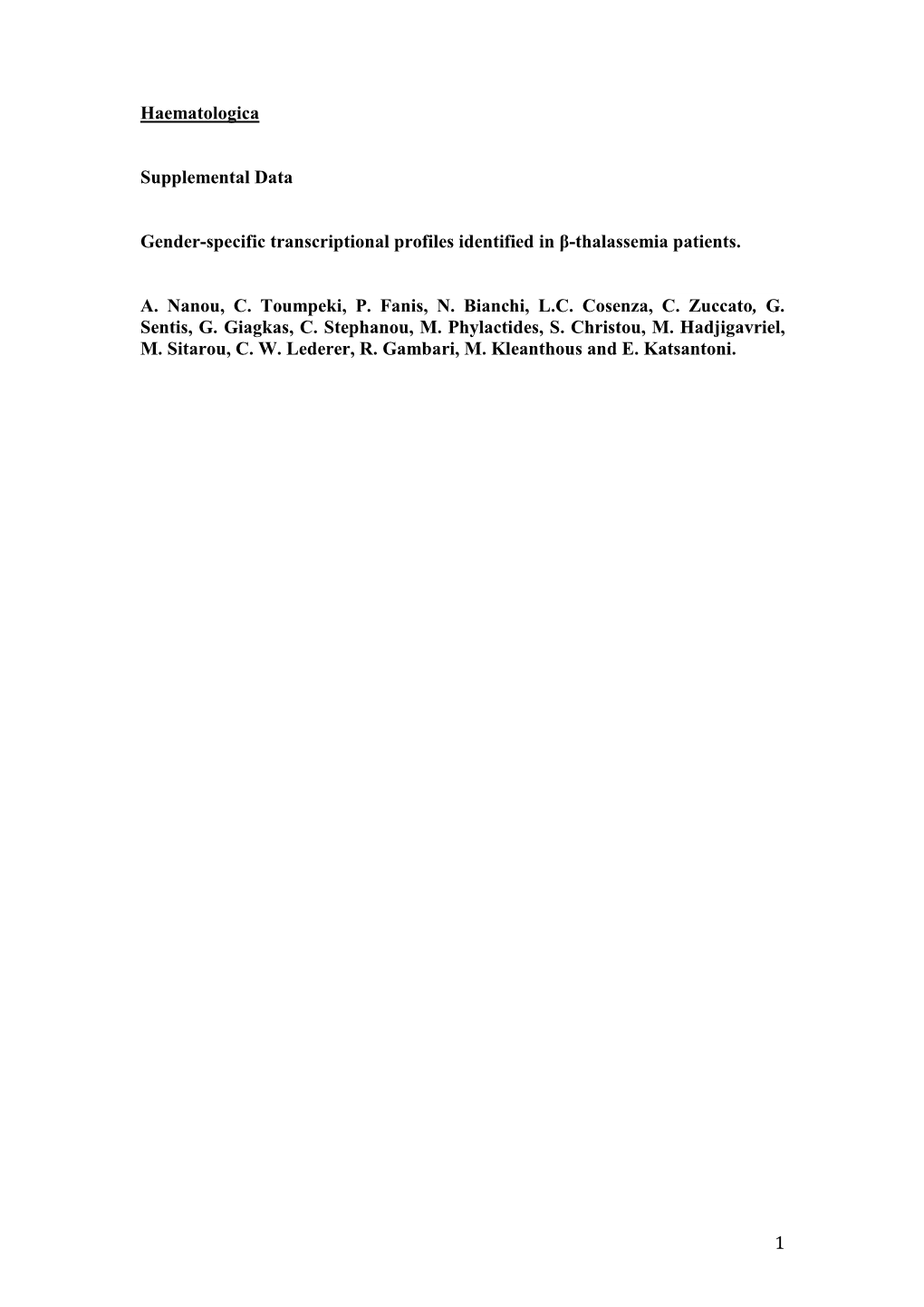 1 Haematologica Supplemental Data Gender-Specific Transcriptional