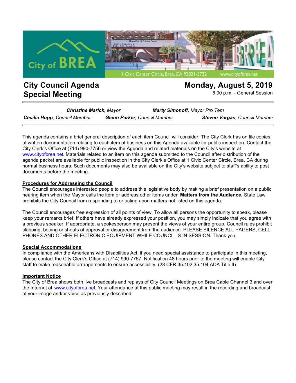 City Council Agenda Special Meeting Monday, August 5, 2019