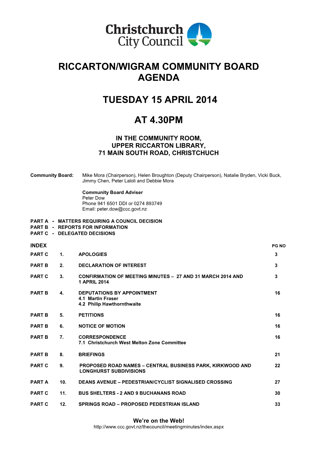 Riccarton Wigram Community Board Agenda 15 April 2014