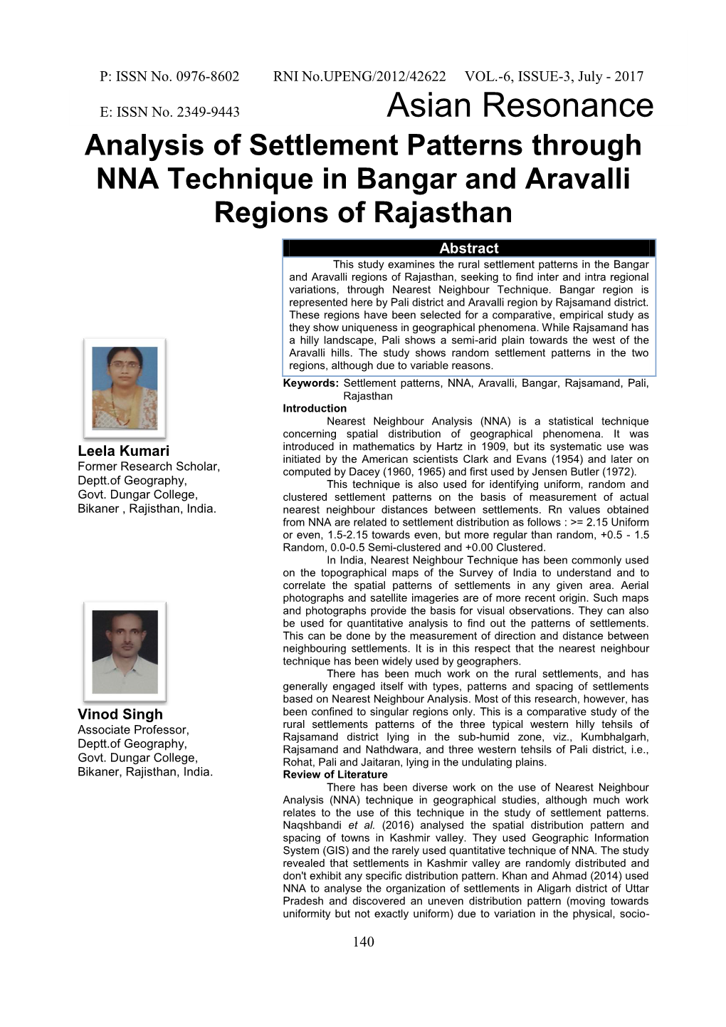 Analysis of Settlement Patterns Through NNA Technique in Bangar and Aravalli Regions of Rajasthan