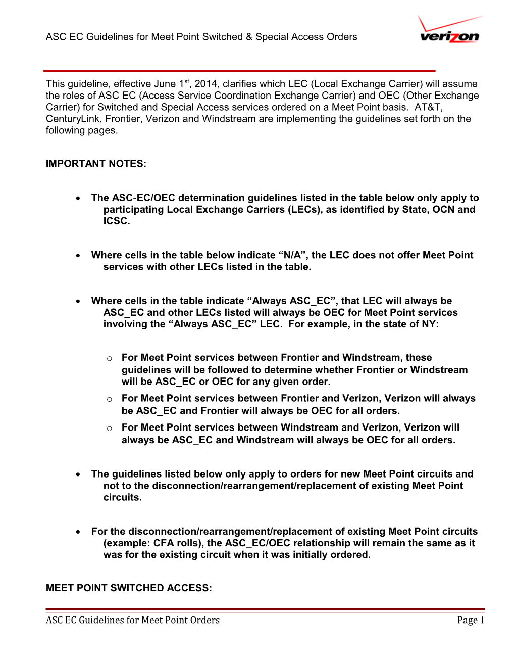 ASC EC Guidelines for Meet Point Switched & Special Access Orders