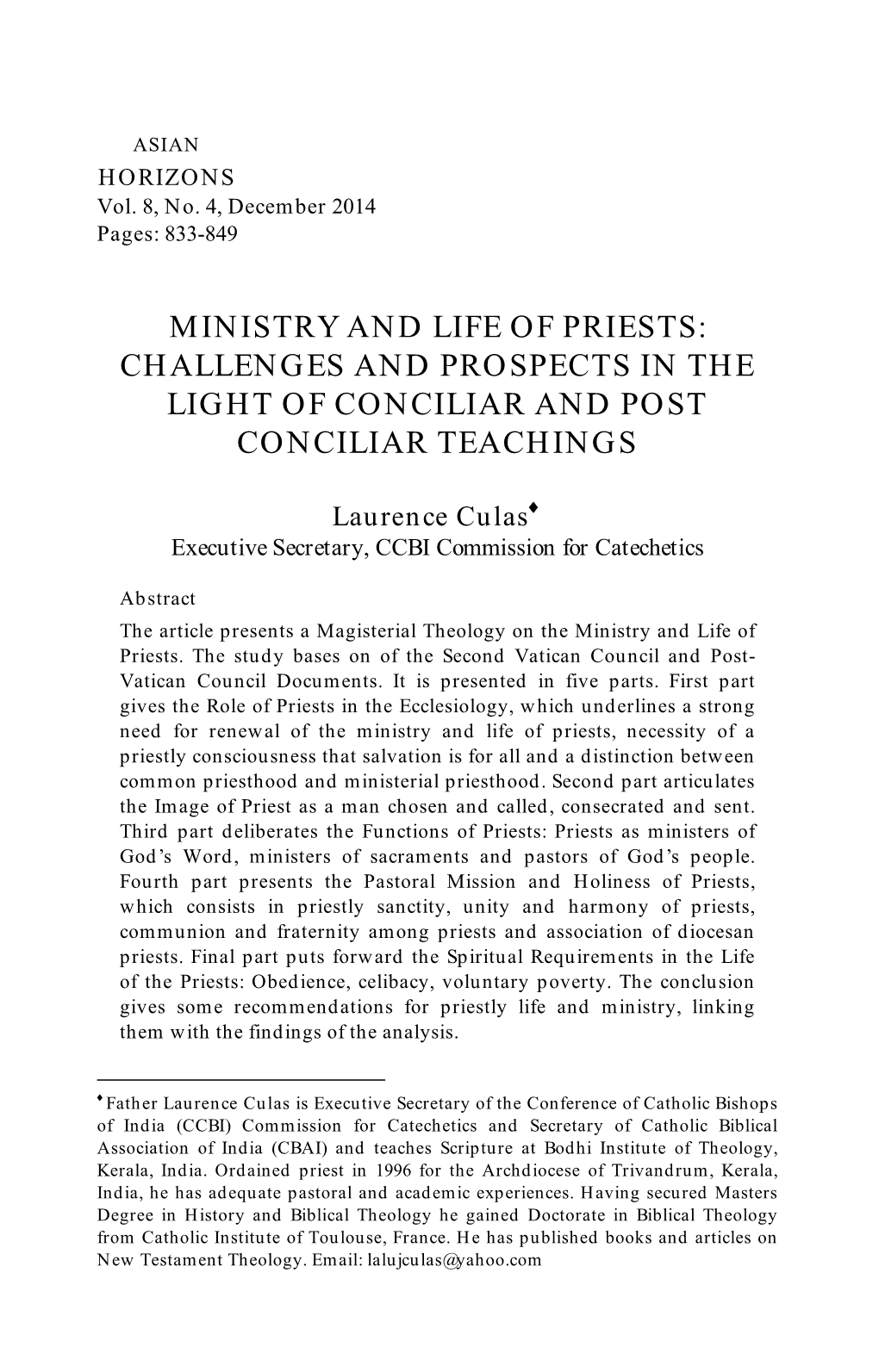 Ministry and Life of Priests: Challenges and Prospects in the Light of Conciliar and Post Conciliar Teachings