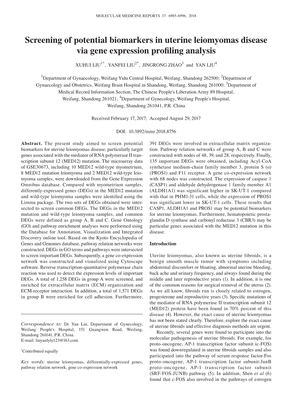 Screening of Potential Biomarkers in Uterine Leiomyomas Disease Via Gene Expression Profiling Analysis