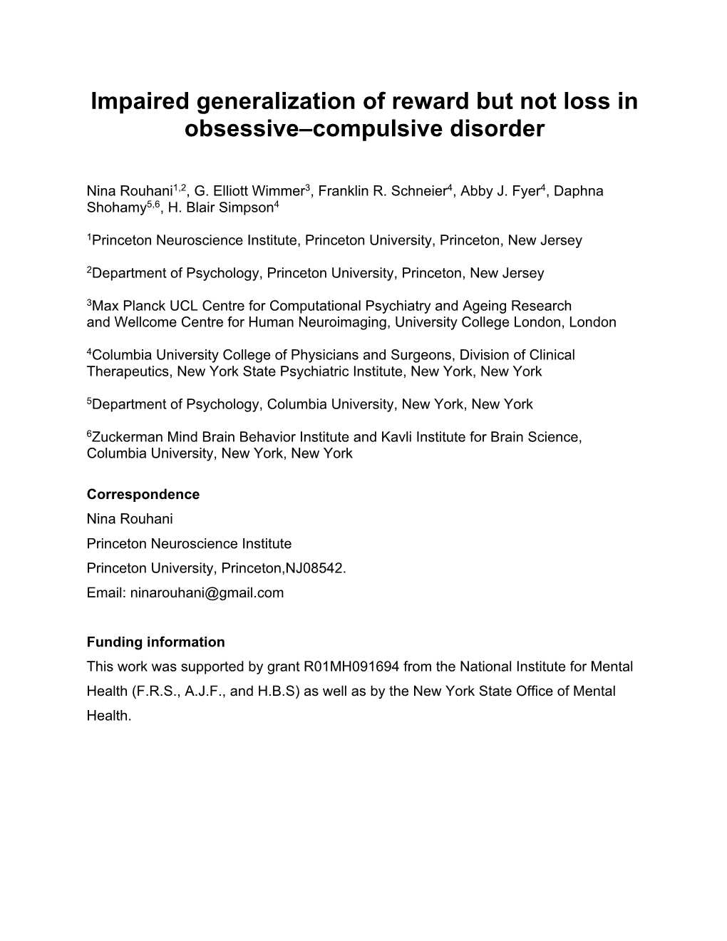 Impaired Generalization of Reward but Not Loss in Obsessive–Compulsive Disorder