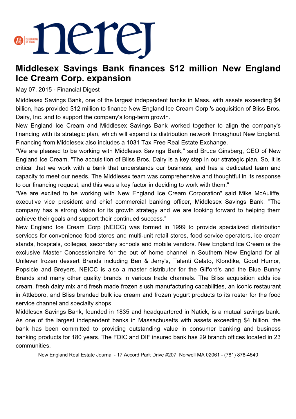 Middlesex Savings Bank Finances $12 Million New England Ice Cream Corp