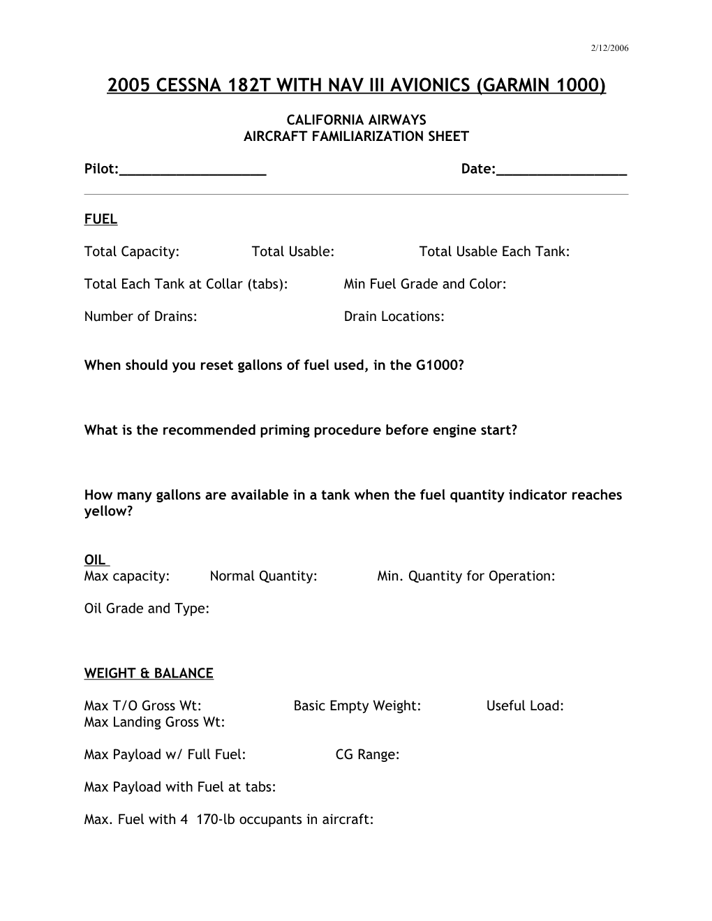 Aircraft Familiarization Sheet