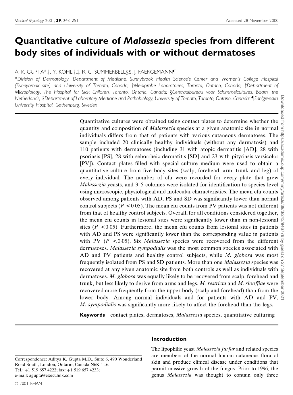 Quantitative Culture of Malassezia Species from Different Body Sites Of