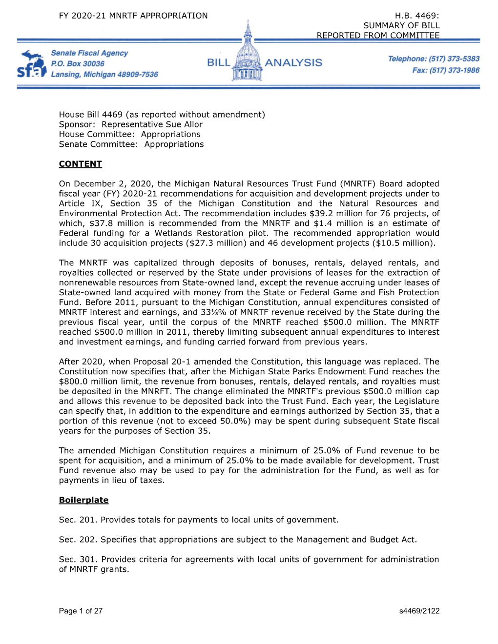 Page 1 of 27 S4469/2122 FY 2020-21 MNRTF APPROPRIATION HB 4469